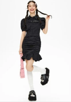 Puff Sleeve Ruffle Hem Ruched Midi Dress With Belt Detail -Modern Wear Shop cde2a5b7e94a7eaa754b83843ff8bca5