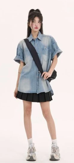 Oversized Faded Denim Button Top -Modern Wear Shop cde8d0046155fc69d43590aa7b6c55ff