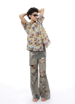 Floral Watercolor Print Oversized Short Sleeve Button-Up Shirt -Modern Wear Shop ce04a63f623ce218ad2e079103dff5d2