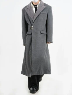 Oversized Velvet-Lapel Long Coat With Metal Buckles -Modern Wear Shop ce624b24f9e2f2a4b56b5981f6e7139c