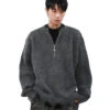Distressed Ribbed Hem Half Cross Zip Fuzzy Sweater