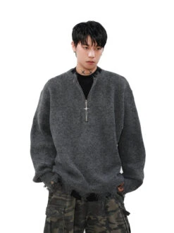 Distressed Ribbed Hem Half Cross Zip Fuzzy Sweater