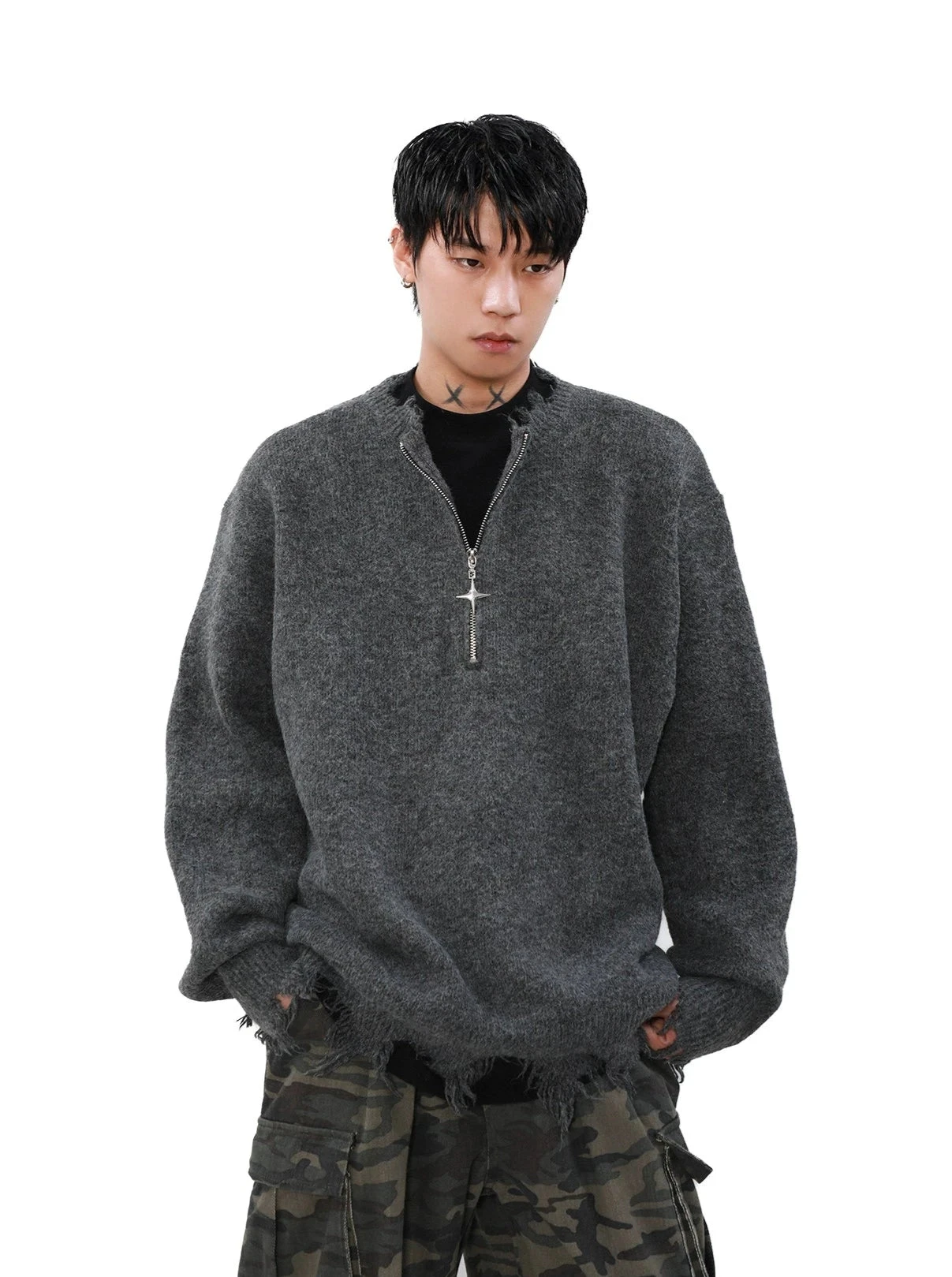 Distressed Ribbed Hem Half Cross Zip Fuzzy Sweater 1 Distressed Ribbed Hem Half Cross Zip Fuzzy Sweater