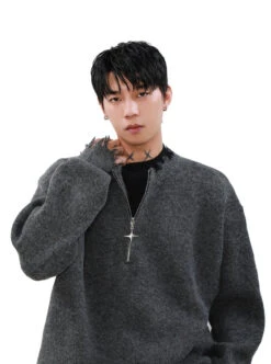 Distressed Ribbed Hem Half Cross Zip Fuzzy Sweater 14 Distressed Ribbed Hem Half Cross Zip Fuzzy Sweater -Modern Wear Shop cea5393393261073c055225bf1cad1d8