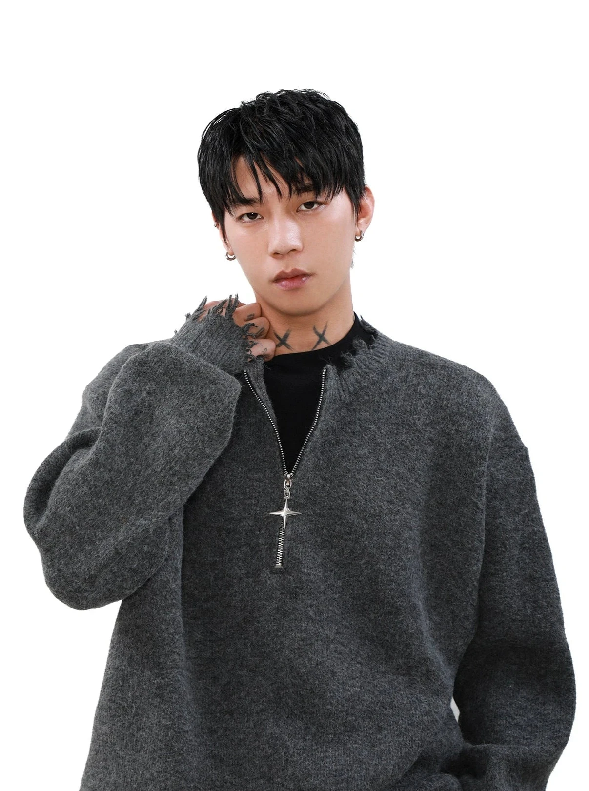 Distressed Ribbed Hem Half Cross Zip Fuzzy Sweater 4 Distressed Ribbed Hem Half Cross Zip Fuzzy Sweater - Image 4