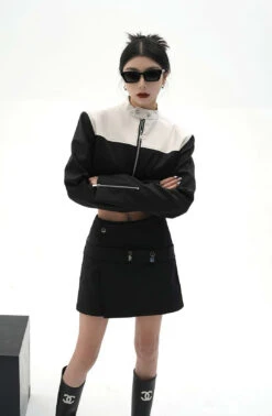 Color Block Cropped Moto Zip Up Jacket -Modern Wear Shop cea9618efc33a7373a96a1f5709917ad