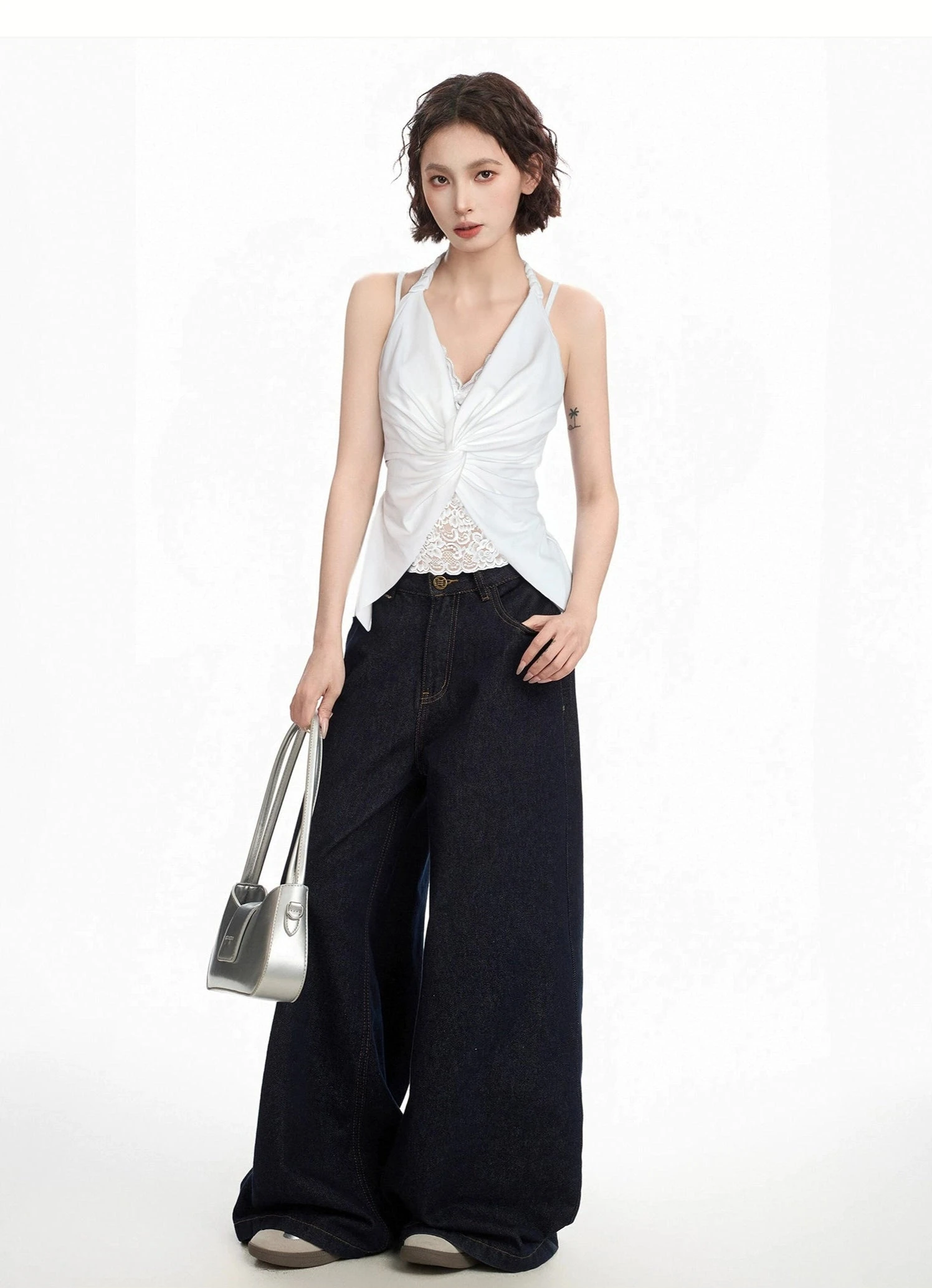 Ruched Halter Top With Lace Layer And Twist Front 3 Ruched Halter Top With Lace Layer And Twist Front - Image 3