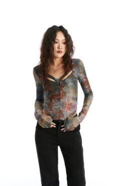 Abstract Print Long Sleeve V-Neck Bodysuit Top -Modern Wear Shop cefa96b87382720343df477ea6a29f22