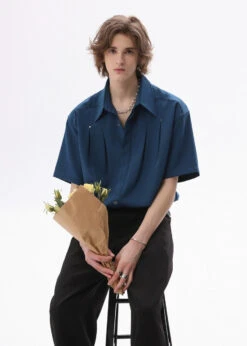 Structured Short-Sleeve Shirt With Pleated Front And Concealed Placket -Modern Wear Shop cf61ffdbe6f7b220ecaf4b43443557ec