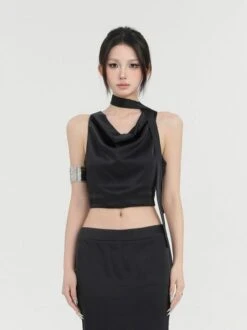 Sleeveless Cowl Neck Short Top With Scarf -Modern Wear Shop cf8e36b59b074fb2917002378c895511