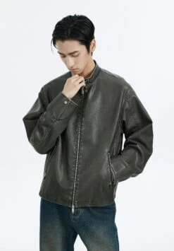 Faux Leather Mid-Crop Racer Jacket With Zipped Pockets -Modern Wear Shop cf9f165d81a7387dc5e030612de693e0