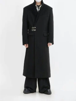 Oversized Velvet-Lapel Long Coat With Metal Buckles -Modern Wear Shop cfa516f4ec420df09ed4be52e57d685b
