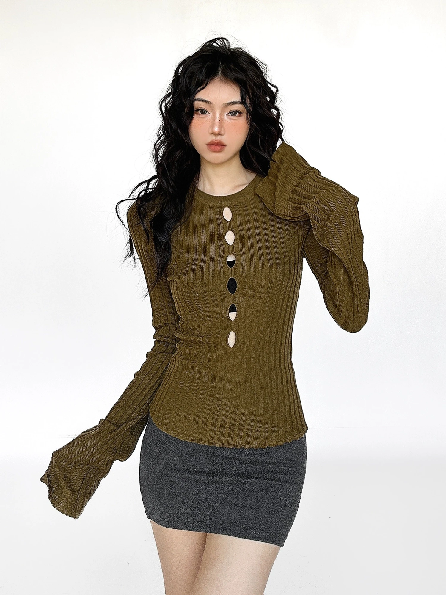 Flare Long Sleeve Ribbed Knit Top With Cutouts 11 Flare Long Sleeve Ribbed Knit Top With Cutouts - Image 11