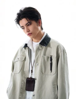 Faux Leather Collar Distressed Denim Worker Jacket -Modern Wear Shop d079acb3a26775110707cc8ba4c16bc2