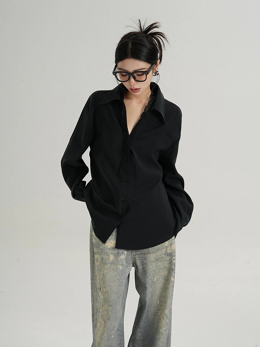 Lace Trim Button-Up Long Sleeve Blouse With Pocket 4 Lace Trim Button-Up Long Sleeve Blouse With Pocket - Image 4