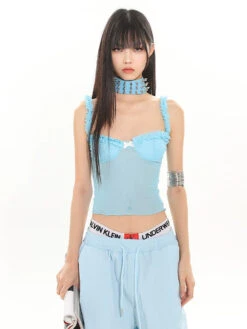 Ruffled Trim Sleeveless Bustier Crop Top With Bow Detail