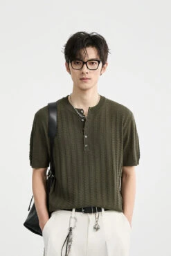 Textured Knit Ribbed Trim Half Button Short Sleeve Shirt -Modern Wear Shop d18fb080707468eb2aa76940b6ee9983