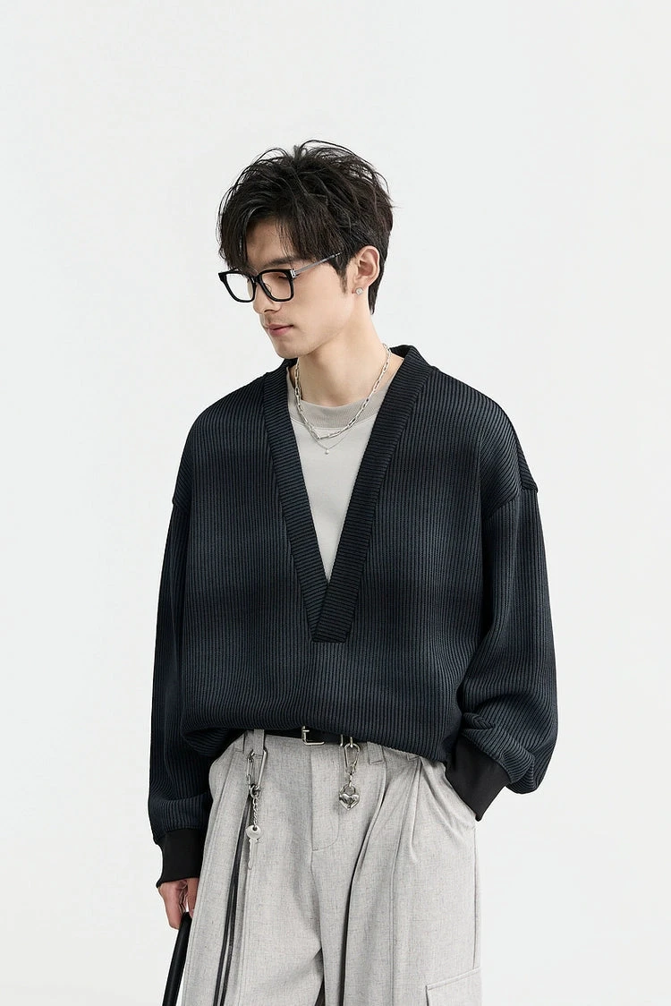 Mock Layered Gradient Ribbed V-Neck Knit Sweater 13 Mock Layered Gradient Ribbed V-Neck Knit Sweater - Image 13