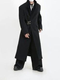 Oversized Velvet-Lapel Long Coat With Metal Buckles -Modern Wear Shop d1eb8527202c2ba864442d2ed8b5de83