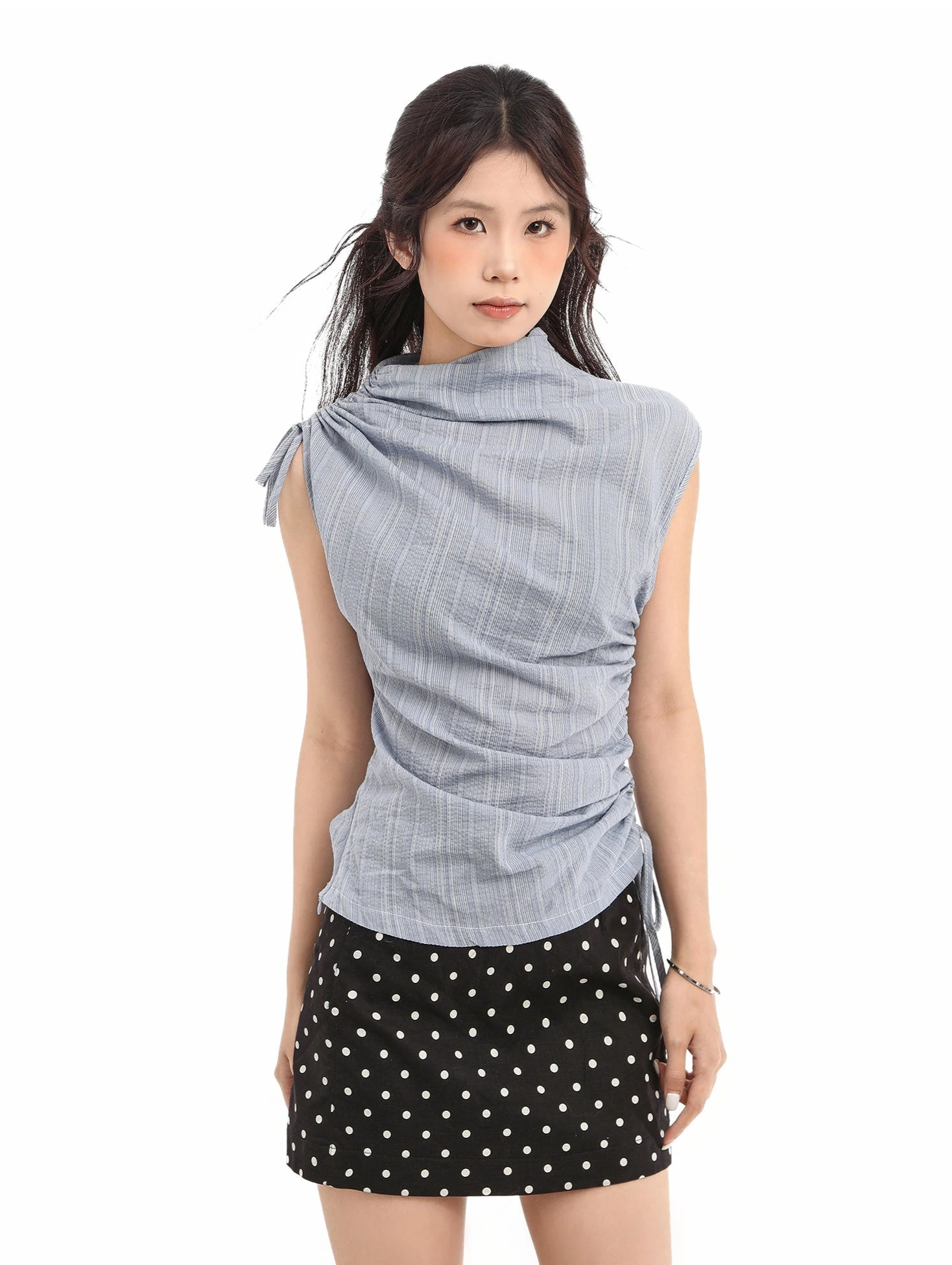 Ruched Side And Shoulder Sleeveless Top With Subtle Stripe Texture 2 Ruched Side And Shoulder Sleeveless Top With Subtle Stripe Texture - Image 2