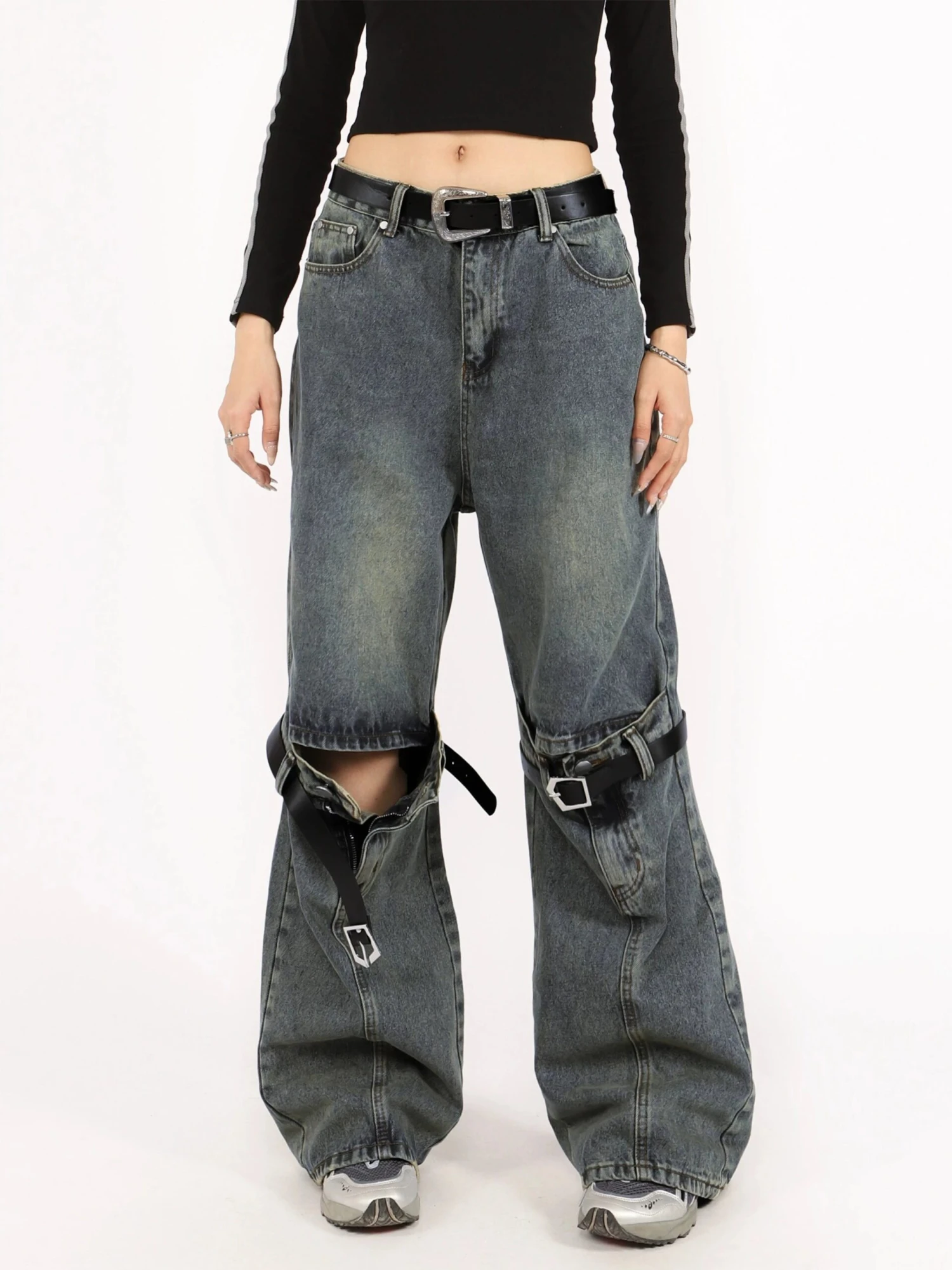 Button Belted Knee-Cutout Straight Faded Jeans 7 Button Belted Knee-Cutout Straight Faded Jeans - Image 7