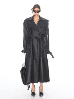 Oversized Belted Faux Leather Coat With Wide Lapels