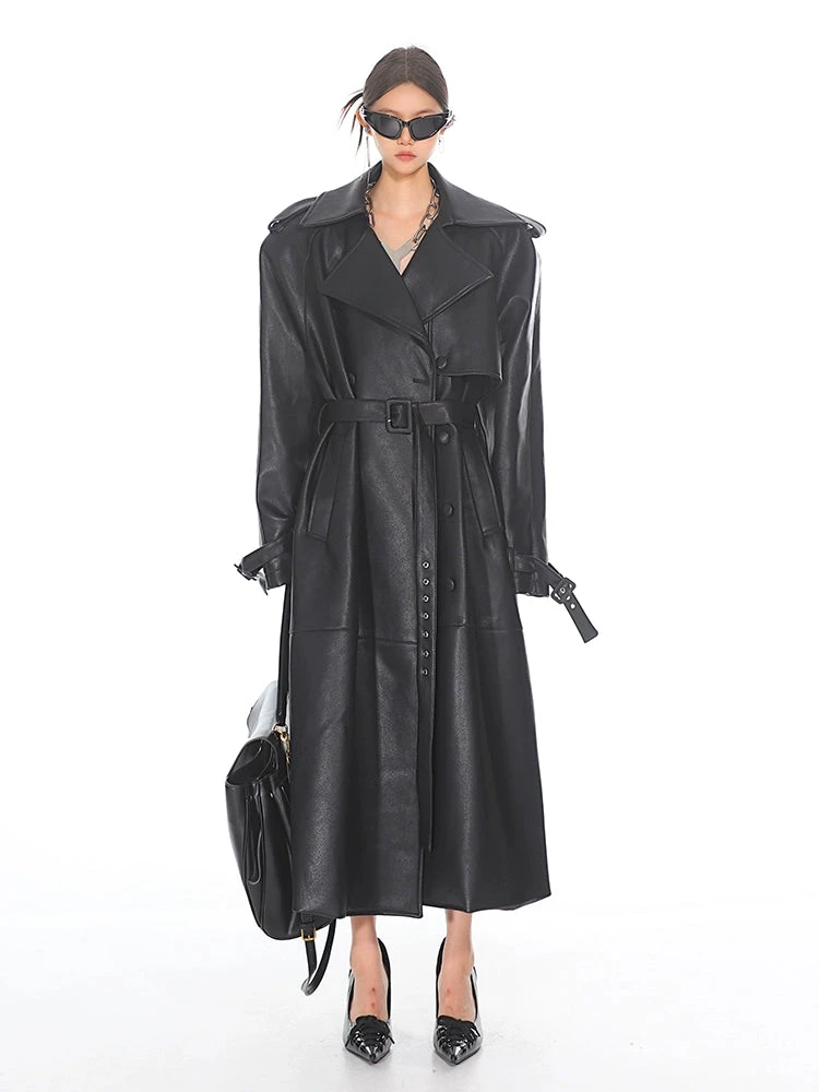 Oversized Belted Faux Leather Coat With Wide Lapels 1 Oversized Belted Faux Leather Coat With Wide Lapels