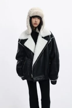 Oversized Faux Leather Jacket With Sherpa Lining And Trim