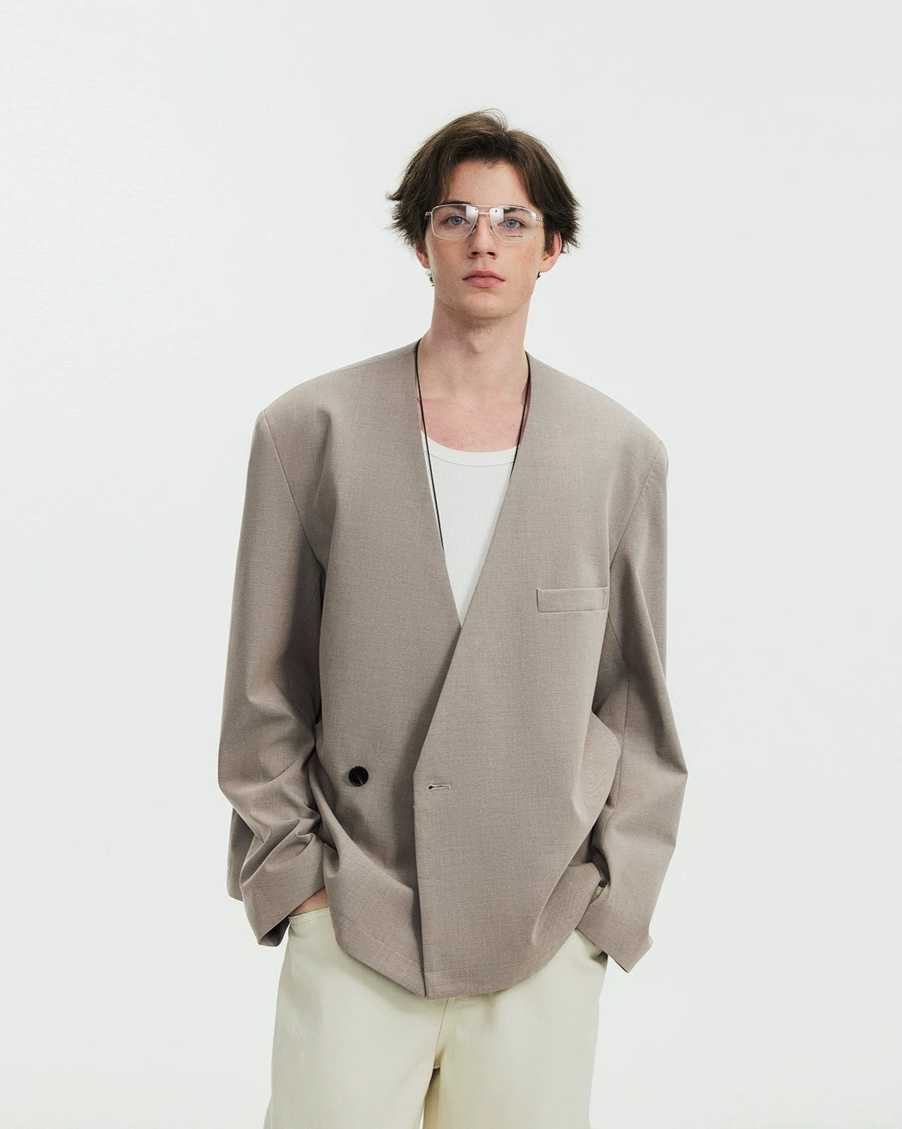 Asymmetric Collarless Oversized Wrap Blazer 1 Asymmetric Collarless Oversized Wrap Blazer