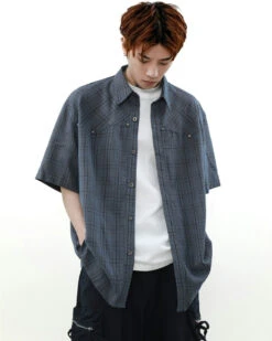 Oversized Plaid Button-Up Short Sleeve Shirt -Modern Wear Shop d2c40e82021f529efc0f9a480f90572f