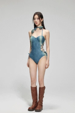 Denim Design Lace-Up One-Piece Swimsuit -Modern Wear Shop d31444b9ae97b42439dd9339055d8637