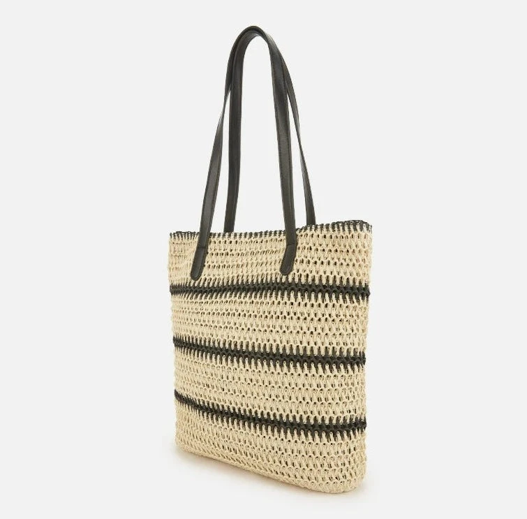 Woven Striped Tote With Leather Handles 6 Woven Striped Tote With Leather Handles - Image 6