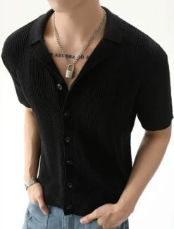 Cable Knit Button-Up Short Sleeve Shirt With Open Collar -Modern Wear Shop d34afa3dfa9f2e85d18231ea0c675ef3