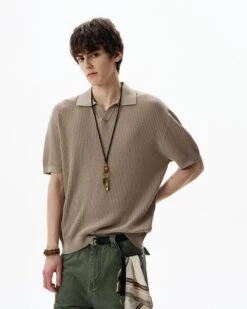 Oversized Textured Short Sleeve Knit Polo Shirt -Modern Wear Shop d39d2ea43ddf4bda8265af9bc90f5a1d