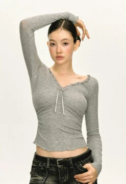 Scalloped Neckline Ribbed Long Sleeve Top -Modern Wear Shop d44f30308388090fb361ec6833eaadda