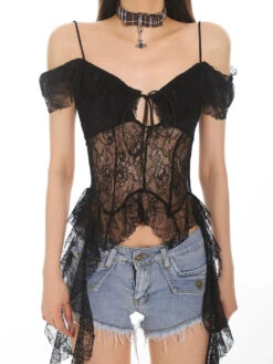 Off-Shoulder Lace Sheer Crop Top With Tassel Details -Modern Wear Shop d48eecff1729ee291f4dba6552e7a81e