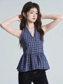 Plaid Smocked Halter Top With Tie Back And Peplum Hem