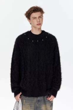 Studded Crew Neck Fuzzy Cable Knit Sweater -Modern Wear Shop d4ada977c01f4fa92633e652dcb9f38b