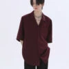 Oversized Silk Short Sleeve Shoulder-Padded Shirt