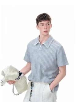Cable Knit Short Sleeve Polo Shirt With Contrast Trim Collar -Modern Wear Shop d59660e6a1f1bb6409a638ad6075fb57
