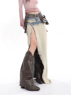 Distressed Trim Denim Patchwork Maxi High Slit Skirt -Modern Wear Shop d5b9fd6f741ce5d38eef2f1bcd18872a