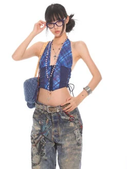 Plaid Halter Neck Crop Top With Side Lacing -Modern Wear Shop d5d76e752db6c3a8a3ea270b2538405a