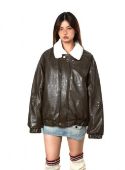 Fleece Lined Glossy Faux Leather Oversized Jacket -Modern Wear Shop d5eebb9d171b1a69955c842cf57f198f