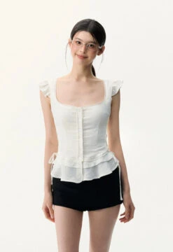 Ruffle Sleeve Button Front Peplum Top -Modern Wear Shop d681a0e201e32dde2348eb42fbc9c77c