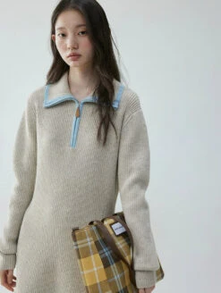 Contrast Collar Half Zip Knit Sweater Mini Dress -Modern Wear Shop d6bc1caa705ca0108cb385952a798519