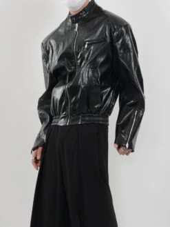 Glossy Bomber Jacket With Zipper Accents -Modern Wear Shop d6f2ee6e08746746ed25af95a1ed85c2