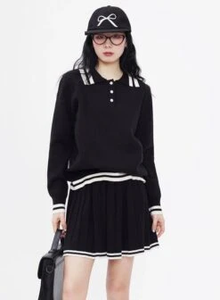 Contrast Trim Half Button Sweatshirt And Pleated Skirt Two-Piece Set -Modern Wear Shop d7020034e1cf03c36ef19e509d4364d8