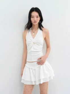 Halter Neck Lace Trim Twist Front Top -Modern Wear Shop d73e797c4c36475696250c2cf826d250