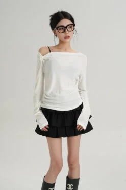 Asymmetric Single-Strap Off-Shoulder Long Sleeve Top