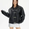 Faux Leather Fireman Buckle Oversized Jacket